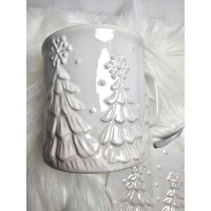 Temptations White Ceramic Mug Embossed Holiday Trees & Snowflakes